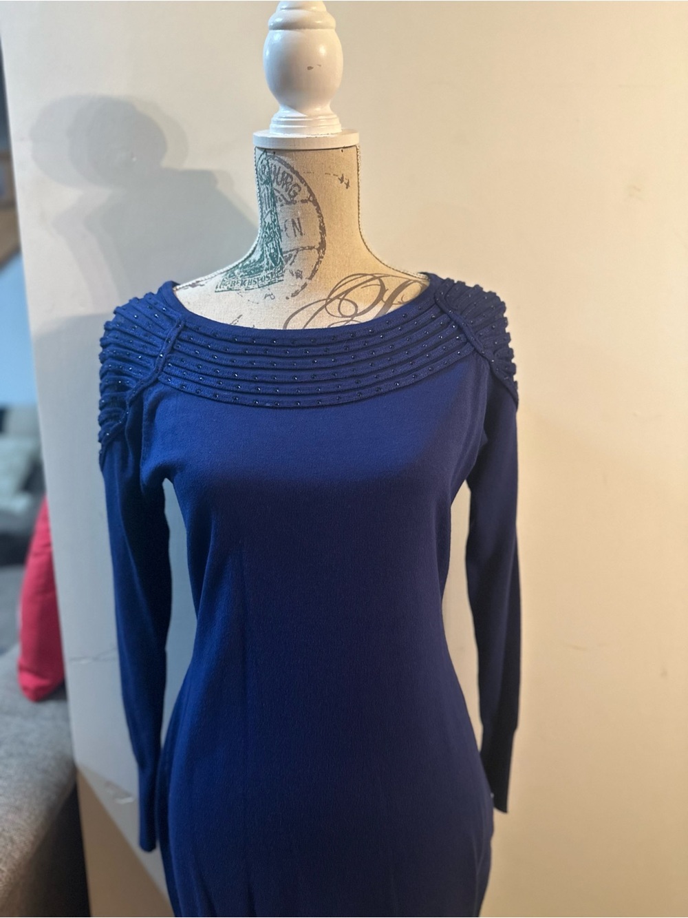 Women's Long-Sleeve Navy Knit Dress with Beaded Shoulder Detail